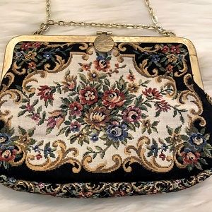 Vintage Handmade Floral Embroidery Gold Chain Clutch Purse